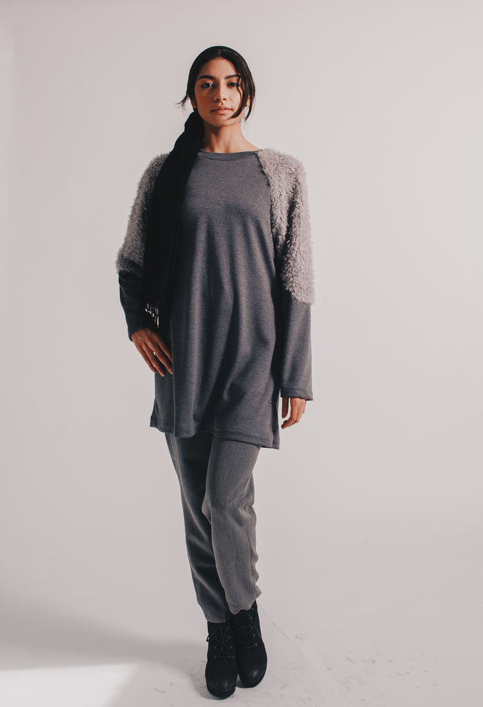 Geo Knit Tunic With Fur Sleeves